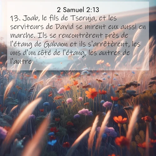 Segond21 2 Samuel  ; image nature: image avec le verset biblique :Joab, le fils de Tseruja, et les serviteurs de David se mirent eux aussi en marche. Ils se rencontrèrent près de l&#039;étang de Gabaon et ils s&#039;arrêtèrent, les uns d&#039;un côté de l&#039;étang, les autres de l&#039;autre. ;  ; 2:13