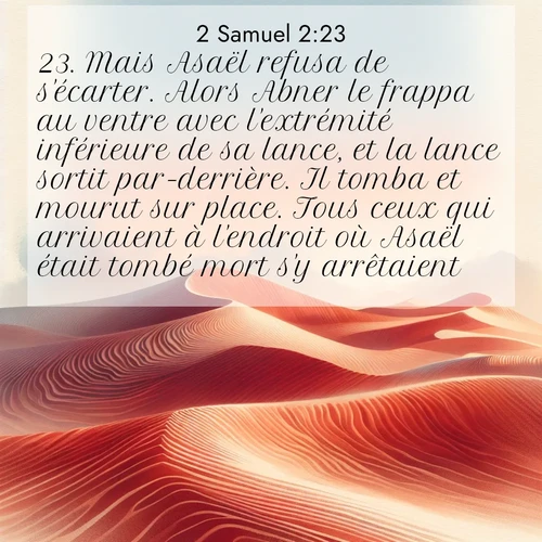 Segond21 2 Samuel  ; image nature: image avec le verset biblique :Mais Asaël refusa de s&#039;écarter. Alors Abner le frappa au ventre avec l&#039;extrémité inférieure de sa lance, et la lance sortit par-derrière. Il tomba et mourut sur place. Tous ceux qui arrivaient à l&#039;endroit où Asaël était tombé mort s&#039;y arrêtaient. ;  ; 2:23
