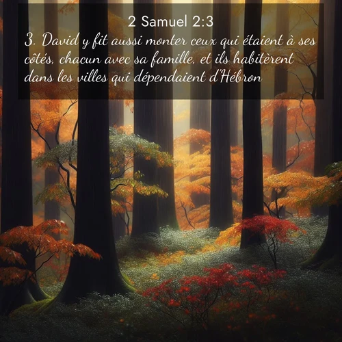 Segond21 2 Samuel  ; image nature: image avec le verset biblique :David y fit aussi monter ceux qui étaient à ses côtés, chacun avec sa famille, et ils habitèrent dans les villes qui dépendaient d&#039;Hébron. ;  ; 2:3