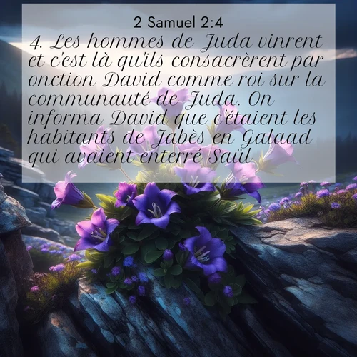Segond21 2 Samuel  ; image nature: image avec le verset biblique :Les hommes de Juda vinrent et c&#039;est là qu&#039;ils consacrèrent par onction David comme roi sur la communauté de Juda. On informa David que c&#039;étaient les habitants de Jabès en Galaad qui avaient enterré Saül. ;  ; 2:4