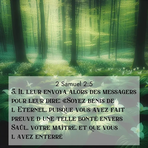 Segond21 2 Samuel  ; image nature: image avec le verset biblique :Il leur envoya alors des messagers pour leur dire: «Soyez bénis de l&#039;Eternel, puisque vous avez fait preuve d&#039;une telle bonté envers Saül, votre maître, et que vous l&#039;avez enterré. ;  ; 2:5