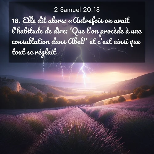 Segond21 2 Samuel  ; image nature: image avec le verset biblique :Elle dit alors: «Autrefois on avait l&#039;habitude de dire: &#039;Que l&#039;on procède à une consultation dans Abel!&#039; et c&#039;est ainsi que tout se réglait. ;  ; 20:18