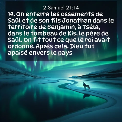 Segond21 2 Samuel  ; image nature: image avec le verset biblique :On enterra les ossements de Saül et de son fils Jonathan dans le territoire de Benjamin, à Tséla, dans le tombeau de Kis, le père de Saül. On fit tout ce que le roi avait ordonné. Après cela, Dieu fut apaisé envers le pays. ;  ; 21:14