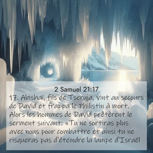 Segond21 2 Samuel  ; image nature: image avec le verset biblique :Abishaï, fils de Tseruja, vint au secours de David et frappa le Philistin à mort. Alors les hommes de David prêtèrent le serment suivant: «Tu ne sortiras plus avec nous pour combattre et ainsi tu ne risqueras pas d&#039;éteindre la lampe d&#039;Israël.» ;  ; 21:17