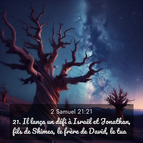 Segond21 2 Samuel  ; image nature: image avec le verset biblique :Il lança un défi à Israël et Jonathan, fils de Shimea, le frère de David, le tua. ;  ; 21:21