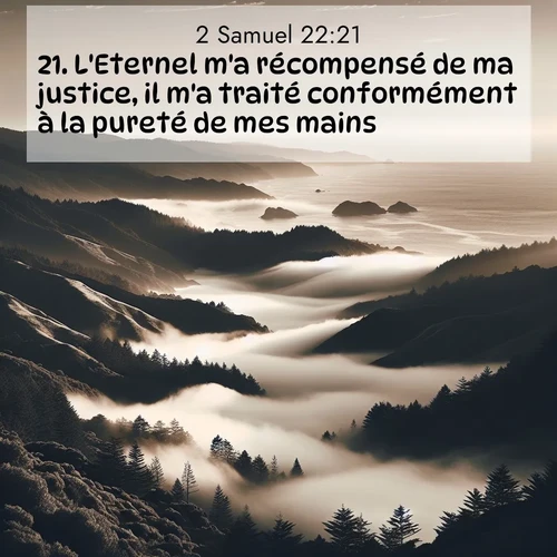 Segond21 2 Samuel  ; image nature: image avec le verset biblique :L&#039;Eternel m&#039;a récompensé de ma justice, il m&#039;a traité conformément à la pureté de mes mains, ;  ; 22:21