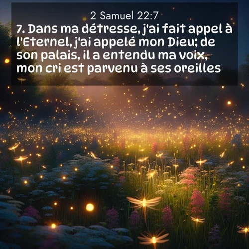 Segond21 2 Samuel  ; image nature: image avec le verset biblique :Dans ma détresse, j&#039;ai fait appel à l&#039;Eternel, j&#039;ai appelé mon Dieu; de son palais, il a entendu ma voix, mon cri est parvenu à ses oreilles. ;  ; 22:7