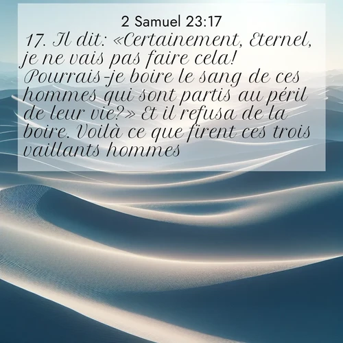 Segond21 2 Samuel  ; image nature: image avec le verset biblique :Il dit: «Certainement, Eternel, je ne vais pas faire cela! Pourrais-je boire le sang de ces hommes qui sont partis au péril de leur vie?» Et il refusa de la boire. Voilà ce que firent ces trois vaillants hommes. ;  ; 23:17