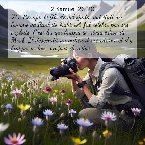 Segond21 2 Samuel  ; image nature: image avec le verset biblique :Benaja, le fils de Jehojada, qui était un homme vaillant de Kabtseel, fut célèbre par ses exploits. C&#039;est lui qui frappa les deux héros de Moab. Il descendit au milieu d&#039;une citerne et il y frappa un lion, un jour de neige. ;  ; 23:20
