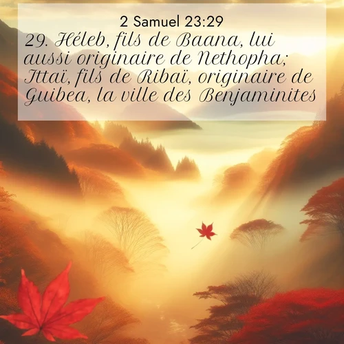 Segond21 2 Samuel  ; image nature: image avec le verset biblique :Héleb, fils de Baana, lui aussi originaire de Nethopha; Ittaï, fils de Ribaï, originaire de Guibea, la ville des Benjaminites; ;  ; 23:29