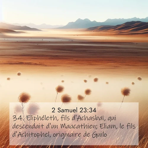 Segond21 2 Samuel  ; image nature: image avec le verset biblique :Eliphéleth, fils d&#039;Achasbaï, qui descendait d&#039;un Maacathien; Eliam, le fils d&#039;Achitophel, originaire de Guilo; ;  ; 23:34