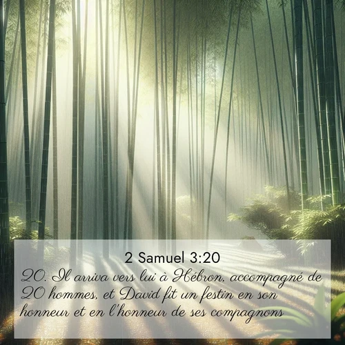 Segond21 2 Samuel  ; image nature: image avec le verset biblique :Il arriva vers lui à Hébron, accompagné de 20 hommes, et David fit un festin en son honneur et en l&#039;honneur de ses compagnons. ;  ; 3:20