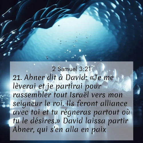 Segond21 2 Samuel  ; image nature: image avec le verset biblique :Abner dit à David: «Je me lèverai et je partirai pour rassembler tout Israël vers mon seigneur le roi. Ils feront alliance avec toi et tu régneras partout où tu le désires.» David laissa partir Abner, qui s&#039;en alla en paix. ;  ; 3:21