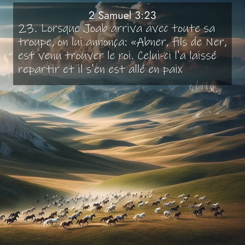 Segond21 2 Samuel  ; image nature: image avec le verset biblique :Lorsque Joab arriva avec toute sa troupe, on lui annonça: «Abner, fils de Ner, est venu trouver le roi. Celui-ci l&#039;a laissé repartir et il s&#039;en est allé en paix.» ;  ; 3:23