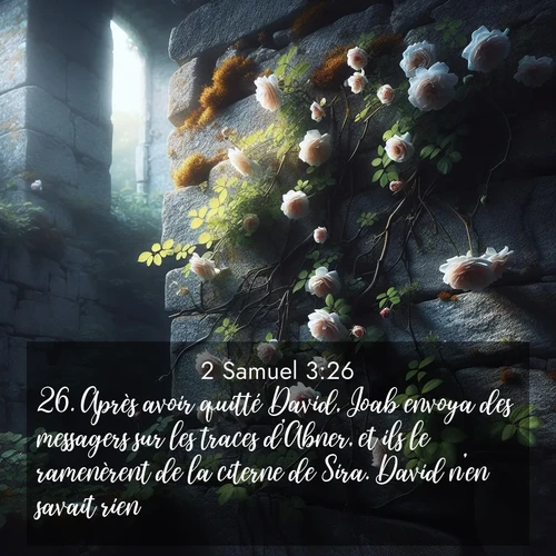 Segond21 2 Samuel  ; image nature: image avec le verset biblique :Après avoir quitté David, Joab envoya des messagers sur les traces d&#039;Abner, et ils le ramenèrent de la citerne de Sira. David n&#039;en savait rien. ;  ; 3:26