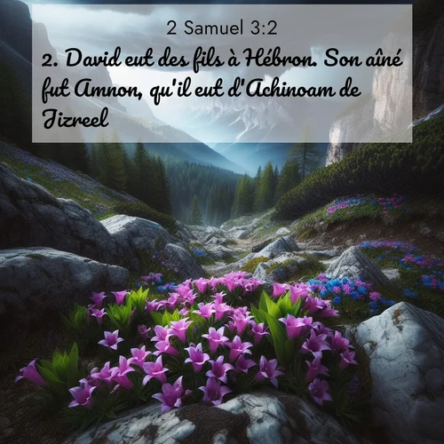 Segond21 2 Samuel  ; image nature: image avec le verset biblique :David eut des fils à Hébron. Son aîné fut Amnon, qu&#039;il eut d&#039;Achinoam de Jizreel; ;  ; 3:2