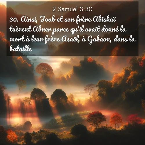 Segond21 2 Samuel  ; image nature: image avec le verset biblique :Ainsi, Joab et son frère Abishaï tuèrent Abner parce qu&#039;il avait donné la mort à leur frère Asaël, à Gabaon, dans la bataille. ;  ; 3:30