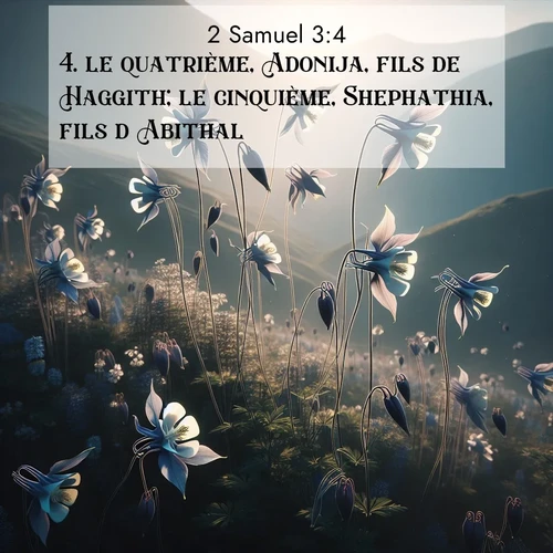 Segond21 2 Samuel  ; image nature: image avec le verset biblique :le quatrième, Adonija, fils de Haggith; le cinquième, Shephathia, fils d&#039;Abithal; ;  ; 3:4