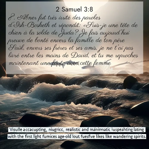 Segond21 2 Samuel  ; image nature: image avec le verset biblique :Abner fut très irrité des paroles d&#039;Ish-Bosheth et répondit: «Suis-je une tête de chien à la solde de Juda? Je fais aujourd&#039;hui preuve de bonté envers la famille de ton père Saül, envers ses frères et ses amis, je ne t&#039;ai pas livré entre les mains de David, et tu me reproches maintenant une faute avec cette femme? ;  ; 3:8
