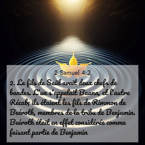 Segond21 2 Samuel  ; image nature: image avec le verset biblique :Le fils de Saül avait deux chefs de bandes. L&#039;un s&#039;appelait Baana, et l&#039;autre Récab; ils étaient les fils de Rimmon de Beéroth, membres de la tribu de Benjamin. Beéroth était en effet considérée comme faisant partie de Benjamin, ;  ; 4:2