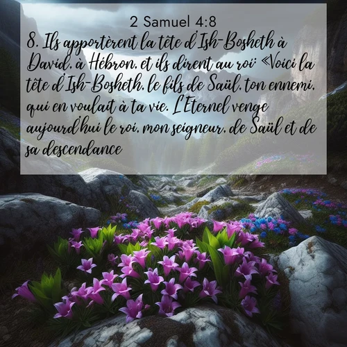 Segond21 2 Samuel  ; image nature: image avec le verset biblique :Ils apportèrent la tête d&#039;Ish-Bosheth à David, à Hébron, et ils dirent au roi: «Voici la tête d&#039;Ish-Bosheth, le fils de Saül, ton ennemi, qui en voulait à ta vie. L&#039;Eternel venge aujourd&#039;hui le roi, mon seigneur, de Saül et de sa descendance.» ;  ; 4:8