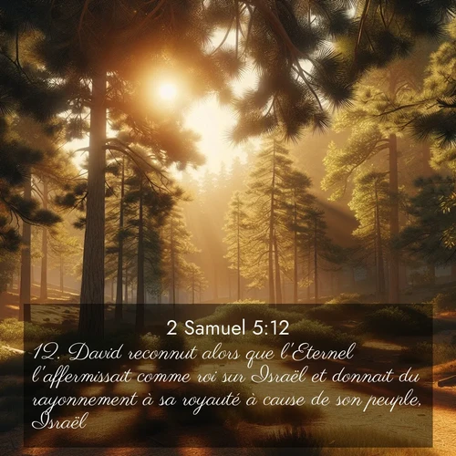 Segond21 2 Samuel  ; image nature: image avec le verset biblique :David reconnut alors que l&#039;Eternel l&#039;affermissait comme roi sur Israël et donnait du rayonnement à sa royauté à cause de son peuple, Israël. ;  ; 5:12