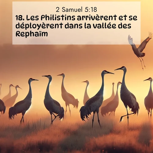 Segond21 2 Samuel  ; image nature: image avec le verset biblique :Les Philistins arrivèrent et se déployèrent dans la vallée des Rephaïm. ;  ; 5:18