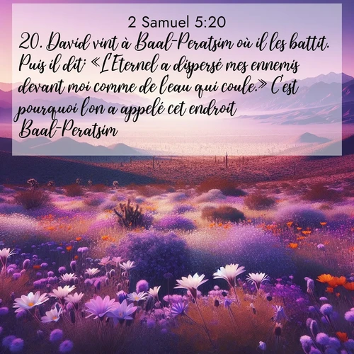 Segond21 2 Samuel  ; image nature: image avec le verset biblique :David vint à Baal-Peratsim où il les battit. Puis il dit: «L&#039;Eternel a dispersé mes ennemis devant moi comme de l&#039;eau qui coule.» C&#039;est pourquoi l&#039;on a appelé cet endroit Baal-Peratsim. ;  ; 5:20