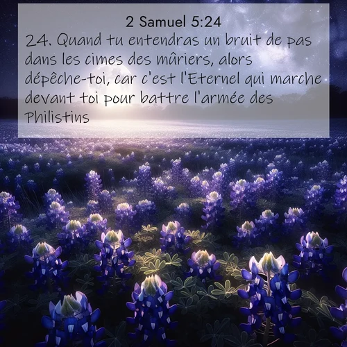 Segond21 2 Samuel  ; image nature: image avec le verset biblique :Quand tu entendras un bruit de pas dans les cimes des mûriers, alors dépêche-toi, car c&#039;est l&#039;Eternel qui marche devant toi pour battre l&#039;armée des Philistins.» ;  ; 5:24