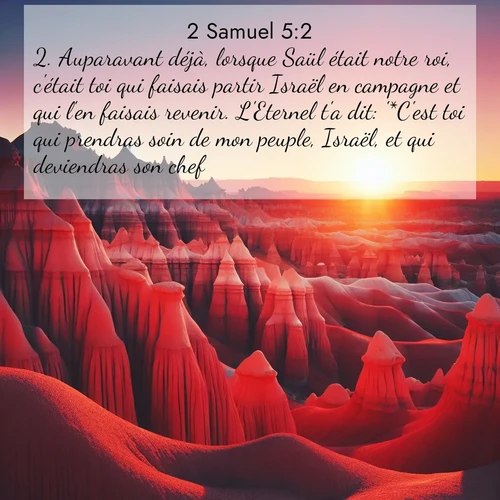 Segond21 2 Samuel  ; image nature: image avec le verset biblique :Auparavant déjà, lorsque Saül était notre roi, c&#039;était toi qui faisais partir Israël en campagne et qui l&#039;en faisais revenir. L&#039;Eternel t&#039;a dit: &#039;*C&#039;est toi qui prendras soin de mon peuple, Israël, et qui deviendras son chef.&#039;» ;  ; 5:2