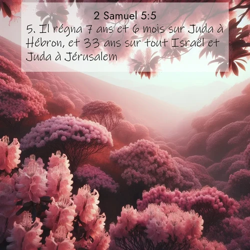 Segond21 2 Samuel  ; image nature: image avec le verset biblique :Il régna 7 ans et 6 mois sur Juda à Hébron, et 33 ans sur tout Israël et Juda à Jérusalem. ;  ; 5:5