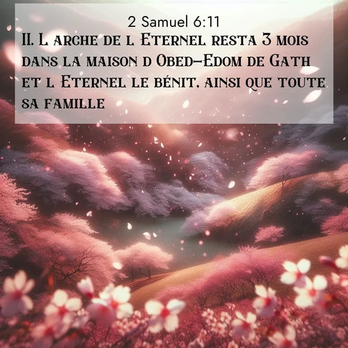 Segond21 2 Samuel  ; image nature: image avec le verset biblique :L&#039;arche de l&#039;Eternel resta 3 mois dans la maison d&#039;Obed-Edom de Gath et l&#039;Eternel le bénit, ainsi que toute sa famille. ;  ; 6:11