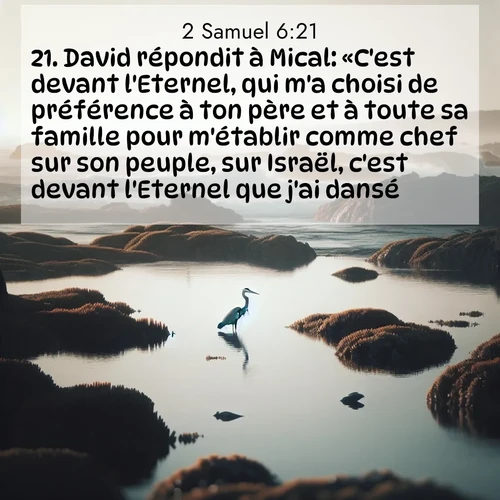 Segond21 2 Samuel  ; image nature: image avec le verset biblique :David répondit à Mical: «C&#039;est devant l&#039;Eternel, qui m&#039;a choisi de préférence à ton père et à toute sa famille pour m&#039;établir comme chef sur son peuple, sur Israël, c&#039;est devant l&#039;Eternel que j&#039;ai dansé. ;  ; 6:21