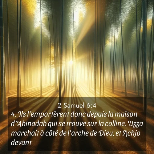 Segond21 2 Samuel  ; image nature: image avec le verset biblique :Ils l&#039;emportèrent donc depuis la maison d&#039;Abinadab qui se trouve sur la colline. Uzza marchait à côté de l&#039;arche de Dieu, et Achjo devant. ;  ; 6:4