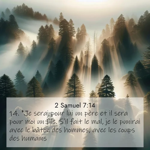 Segond21 2 Samuel  ; image nature: image avec le verset biblique :*Je serai pour lui un père et il sera pour moi un fils. S&#039;il fait le mal, je le punirai avec le bâton des hommes, avec les coups des humains, ;  ; 7:14