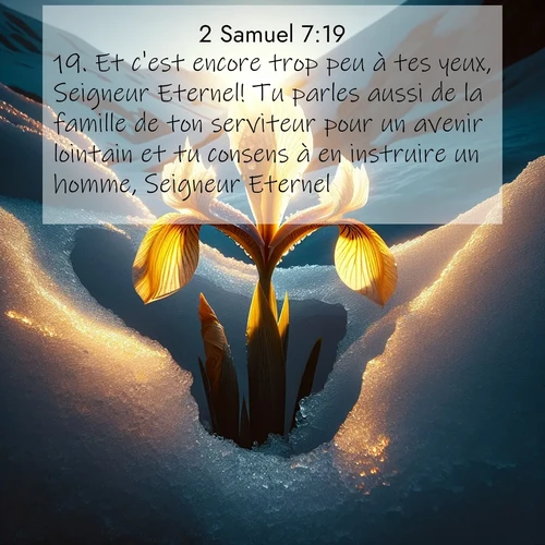 Segond21 2 Samuel  ; image nature: image avec le verset biblique :Et c&#039;est encore trop peu à tes yeux, Seigneur Eternel! Tu parles aussi de la famille de ton serviteur pour un avenir lointain et tu consens à en instruire un homme, Seigneur Eternel! ;  ; 7:19