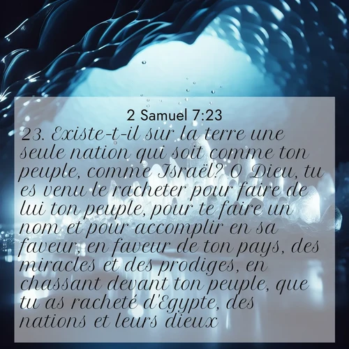 Segond21 2 Samuel  ; image nature: image avec le verset biblique :Existe-t-il sur la terre une seule nation qui soit comme ton peuple, comme Israël? O Dieu, tu es venu le racheter pour faire de lui ton peuple, pour te faire un nom et pour accomplir en sa faveur, en faveur de ton pays, des miracles et des prodiges, en chassant devant ton peuple, que tu as racheté d&#039;Egypte, des nations et leurs dieux. ;  ; 7:23