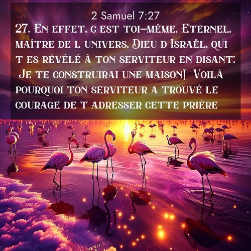 Segond21 2 Samuel  ; image nature: image avec le verset biblique :En effet, c&#039;est toi-même, Eternel, maître de l&#039;univers, Dieu d&#039;Israël, qui t&#039;es révélé à ton serviteur en disant: &#039;Je te construirai une maison!&#039; Voilà pourquoi ton serviteur a trouvé le courage de t&#039;adresser cette prière. ;  ; 7:27