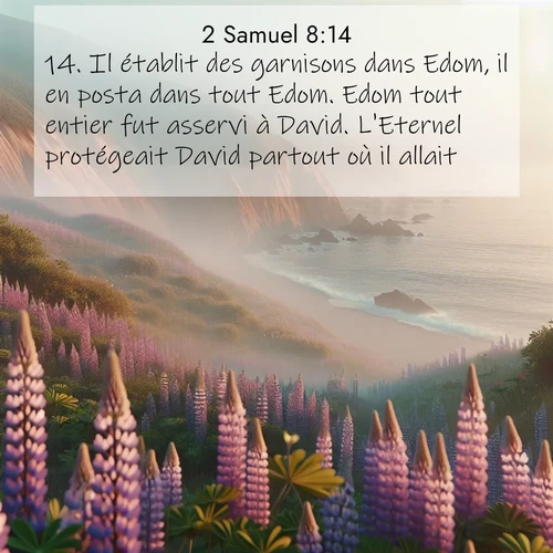 Segond21 2 Samuel  ; image nature: image avec le verset biblique :Il établit des garnisons dans Edom, il en posta dans tout Edom. Edom tout entier fut asservi à David. L&#039;Eternel protégeait David partout où il allait. ;  ; 8:14