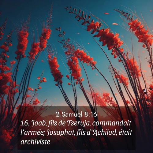 Segond21 2 Samuel  ; image nature: image avec le verset biblique :Joab, fils de Tseruja, commandait l&#039;armée; Josaphat, fils d&#039;Achilud, était archiviste; ;  ; 8:16
