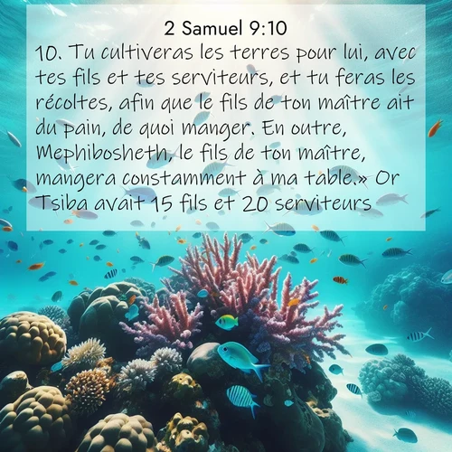 Segond21 2 Samuel  ; image nature: image avec le verset biblique :Tu cultiveras les terres pour lui, avec tes fils et tes serviteurs, et tu feras les récoltes, afin que le fils de ton maître ait du pain, de quoi manger. En outre, Mephibosheth, le fils de ton maître, mangera constamment à ma table.» Or Tsiba avait 15 fils et 20 serviteurs. ;  ; 9:10