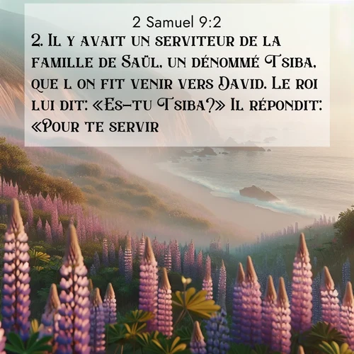 Segond21 2 Samuel  ; image nature: image avec le verset biblique :Il y avait un serviteur de la famille de Saül, un dénommé Tsiba, que l&#039;on fit venir vers David. Le roi lui dit: «Es-tu Tsiba?» Il répondit: «Pour te servir!» ;  ; 9:2