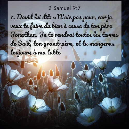 Segond21 2 Samuel  ; image nature: image avec le verset biblique :David lui dit: «N&#039;aie pas peur, car je veux te faire du bien à cause de ton père Jonathan. Je te rendrai toutes les terres de Saül, ton grand-père, et tu mangeras toujours à ma table.» ;  ; 9:7