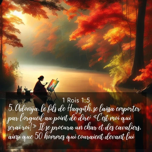 Segond21 1 Rois  ; image nature: image avec le verset biblique :Adonija, le fils de Haggith, se laissa emporter par l&#039;orgueil au point de dire: «C&#039;est moi qui serai roi!» Il se procura un char et des cavaliers, ainsi que 50 hommes qui couraient devant lui. ;  ; 1:5