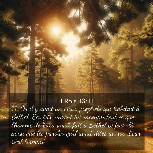 Segond21 1 Rois  ; image nature: image avec le verset biblique :Or il y avait un vieux prophète qui habitait à Béthel. Ses fils vinrent lui raconter tout ce que l&#039;homme de Dieu avait fait à Béthel ce jour-là ainsi que les paroles qu&#039;il avait dites au roi. Leur récit terminé, ;  ; 13:11