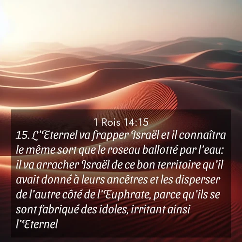Segond21 1 Rois  ; image nature: image avec le verset biblique :L&#039;Eternel va frapper Israël et il connaîtra le même sort que le roseau ballotté par l&#039;eau: il va arracher Israël de ce bon territoire qu&#039;il avait donné à leurs ancêtres et les disperser de l&#039;autre côté de l&#039;Euphrate, parce qu&#039;ils se sont fabriqué des idoles, irritant ainsi l&#039;Eternel. ;  ; 14:15