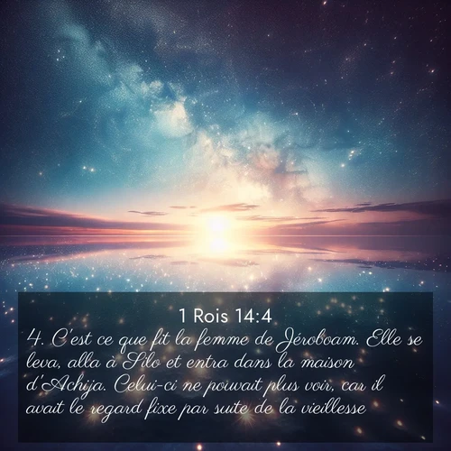 Segond21 1 Rois  ; image nature: image avec le verset biblique :C&#039;est ce que fit la femme de Jéroboam. Elle se leva, alla à Silo et entra dans la maison d&#039;Achija. Celui-ci ne pouvait plus voir, car il avait le regard fixe par suite de la vieillesse. ;  ; 14:4