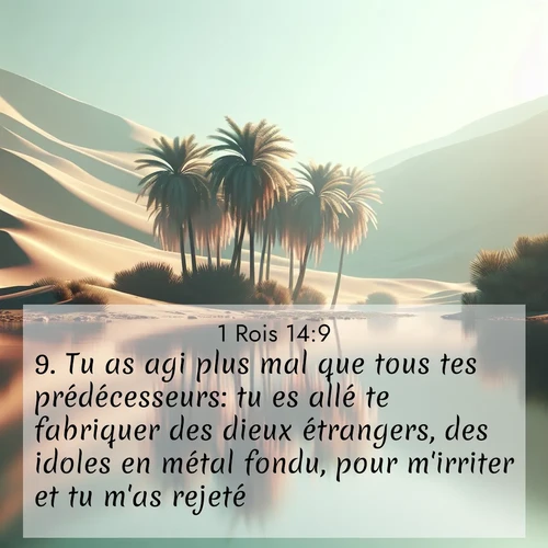 Segond21 1 Rois  ; image nature: image avec le verset biblique :Tu as agi plus mal que tous tes prédécesseurs: tu es allé te fabriquer des dieux étrangers, des idoles en métal fondu, pour m&#039;irriter et tu m&#039;as rejeté! ;  ; 14:9