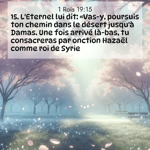 Segond21 1 Rois  ; image nature: image avec le verset biblique :L&#039;Eternel lui dit: «Vas-y, poursuis ton chemin dans le désert jusqu&#039;à Damas. Une fois arrivé là-bas, tu consacreras par onction Hazaël comme roi de Syrie. ;  ; 19:15
