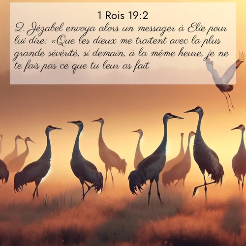 Segond21 1 Rois  ; image nature: image avec le verset biblique :Jézabel envoya alors un messager à Elie pour lui dire: «Que les dieux me traitent avec la plus grande sévérité, si demain, à la même heure, je ne te fais pas ce que tu leur as fait!» ;  ; 19:2